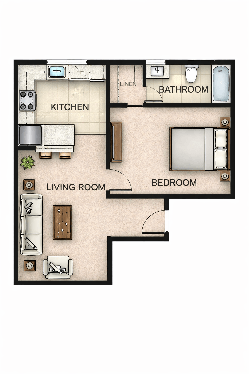 A floor plan of a small apartment with a living room, kitchen, bedroom and bathroom.